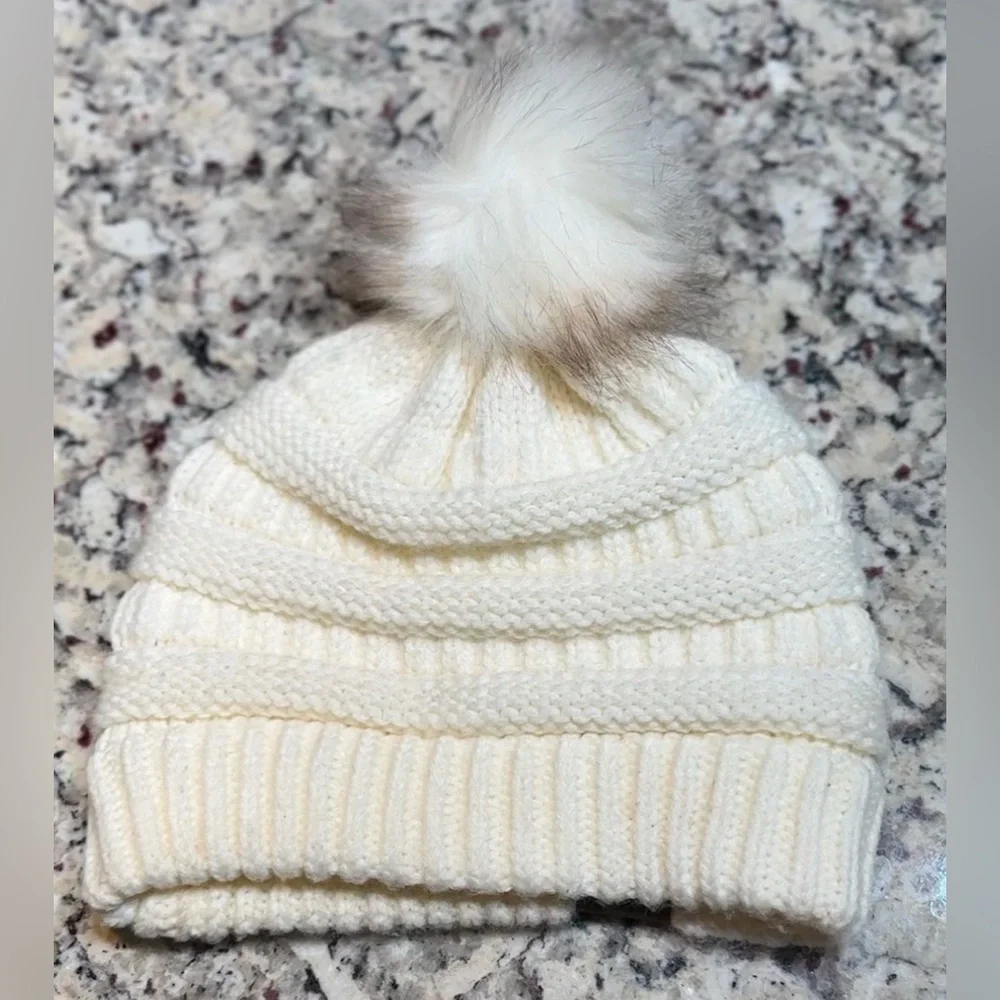 C.C Cream Ivory Ribbed‎ Knit Beanie Hat with Faux Fur Pom